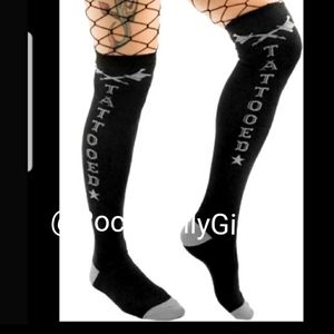 Sourpuss Tattooed Knee High Socks Grey Tattoo Guns